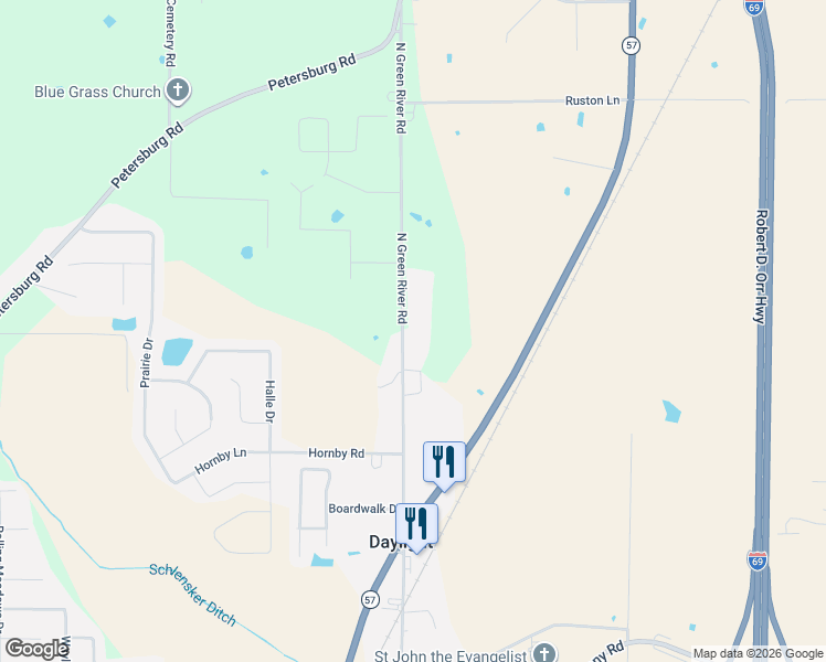 map of restaurants, bars, coffee shops, grocery stores, and more near 13450-13620 N Green River Rd in Evansville