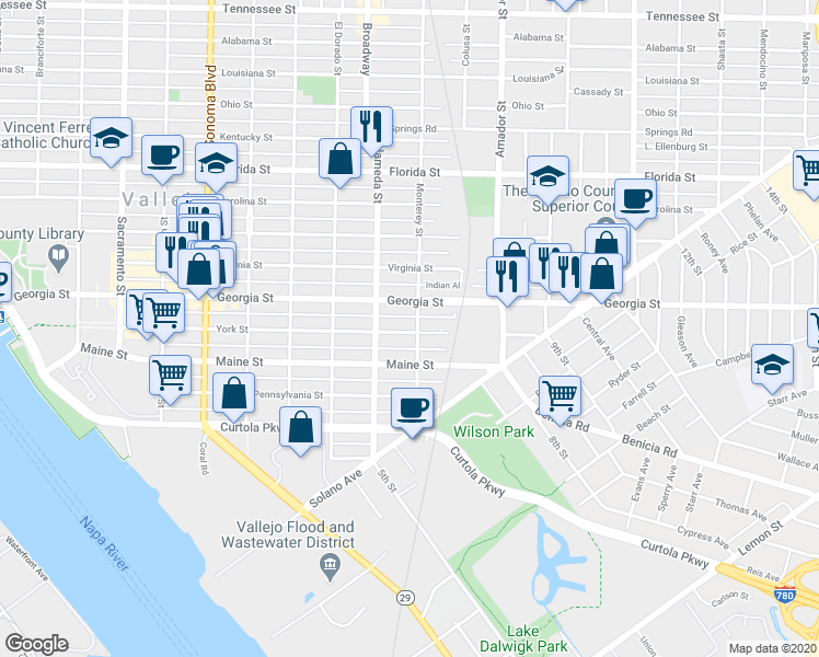 map of restaurants, bars, coffee shops, grocery stores, and more near 944 York Street in Vallejo