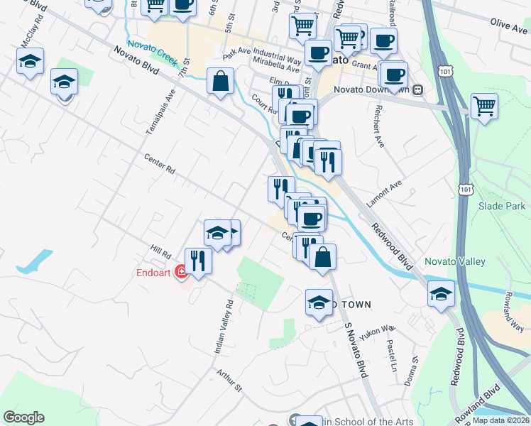 map of restaurants, bars, coffee shops, grocery stores, and more near 1550 Center Road in Novato