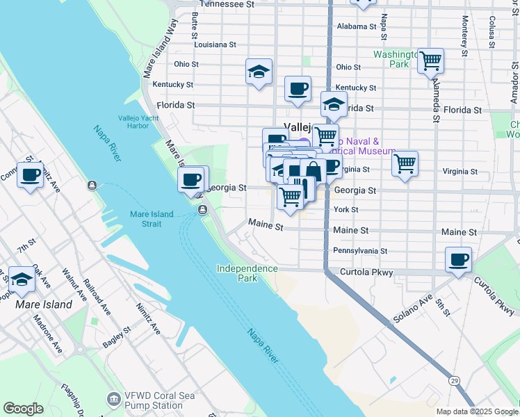 map of restaurants, bars, coffee shops, grocery stores, and more near 311 Sacramento Street in Vallejo