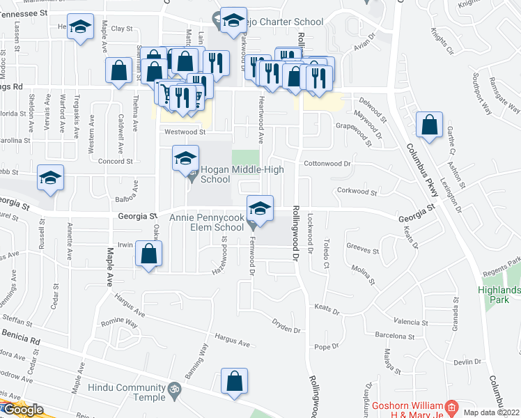 map of restaurants, bars, coffee shops, grocery stores, and more near Georgia St & Heartwood Ave in Vallejo