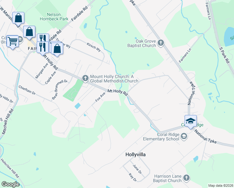 map of restaurants, bars, coffee shops, grocery stores, and more near 1010 Mount Holly Road in Louisville