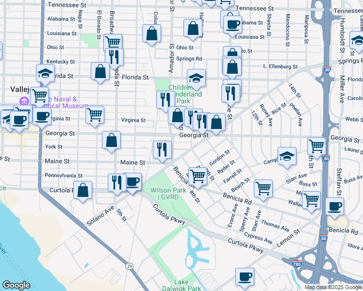 map of restaurants, bars, coffee shops, grocery stores, and more near 1220 York Street in Vallejo
