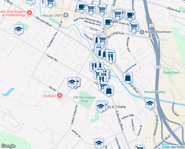 map of restaurants, bars, coffee shops, grocery stores, and more near 1565 South Novato Boulevard in Novato