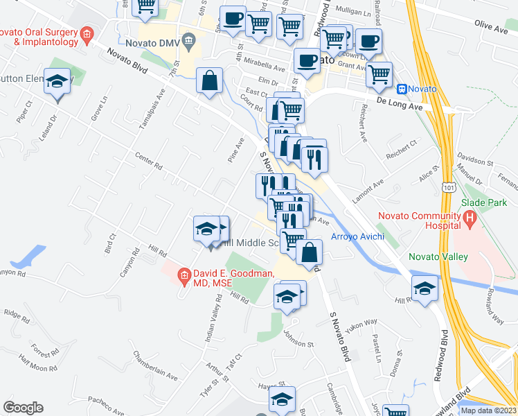 map of restaurants, bars, coffee shops, grocery stores, and more near 1556 Center Road in Novato
