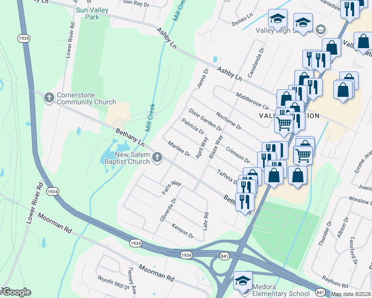 map of restaurants, bars, coffee shops, grocery stores, and more near 2005 Marilee Drive in Louisville