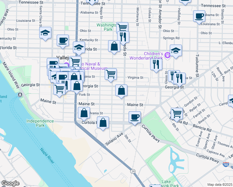 map of restaurants, bars, coffee shops, grocery stores, and more near 814 York Street in Vallejo
