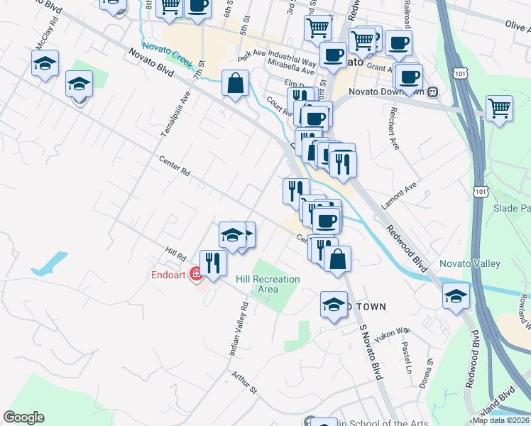 map of restaurants, bars, coffee shops, grocery stores, and more near 1556 Center Road in Novato