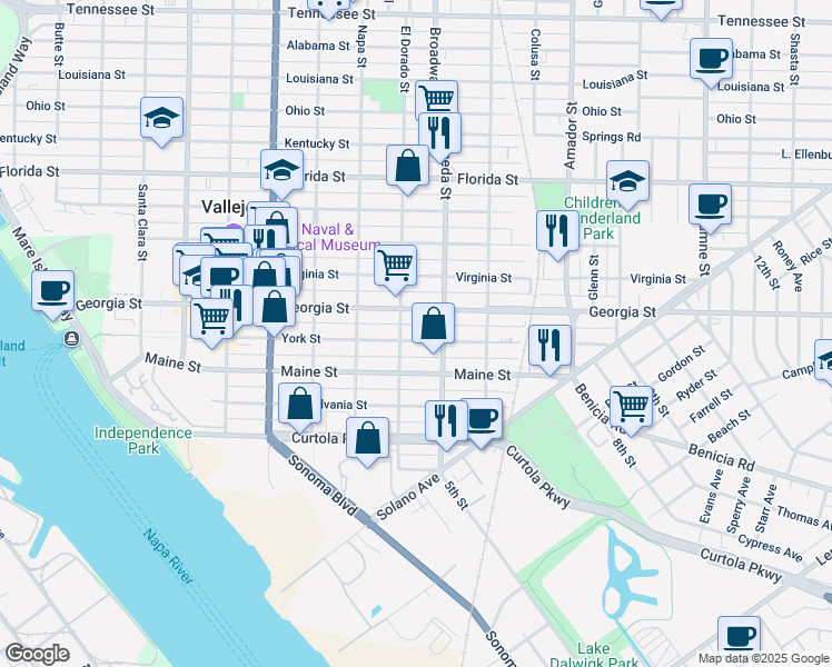 map of restaurants, bars, coffee shops, grocery stores, and more near 814 York Street in Vallejo