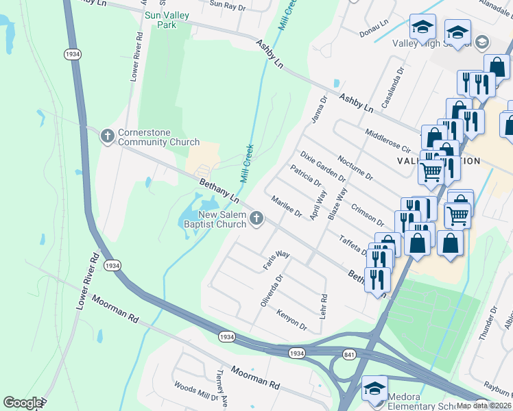 map of restaurants, bars, coffee shops, grocery stores, and more near 6413 Bethany Lane in Louisville