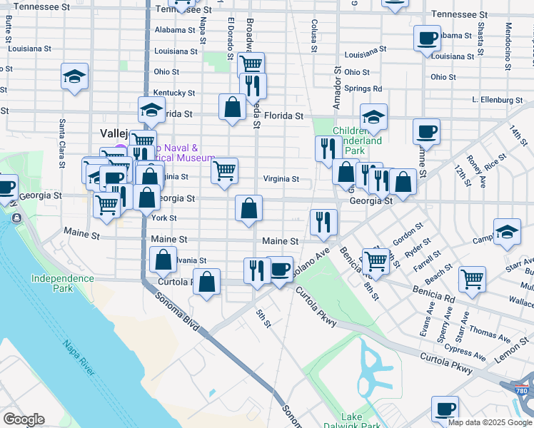 map of restaurants, bars, coffee shops, grocery stores, and more near 944 York Street in Vallejo