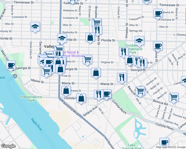 map of restaurants, bars, coffee shops, grocery stores, and more near 847 York Street in Vallejo