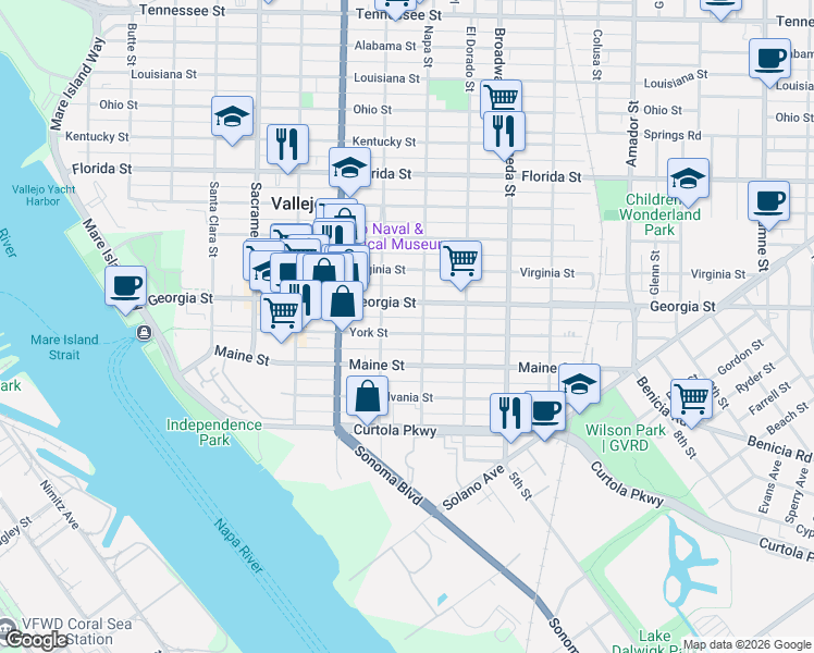 map of restaurants, bars, coffee shops, grocery stores, and more near 607 York Street in Vallejo