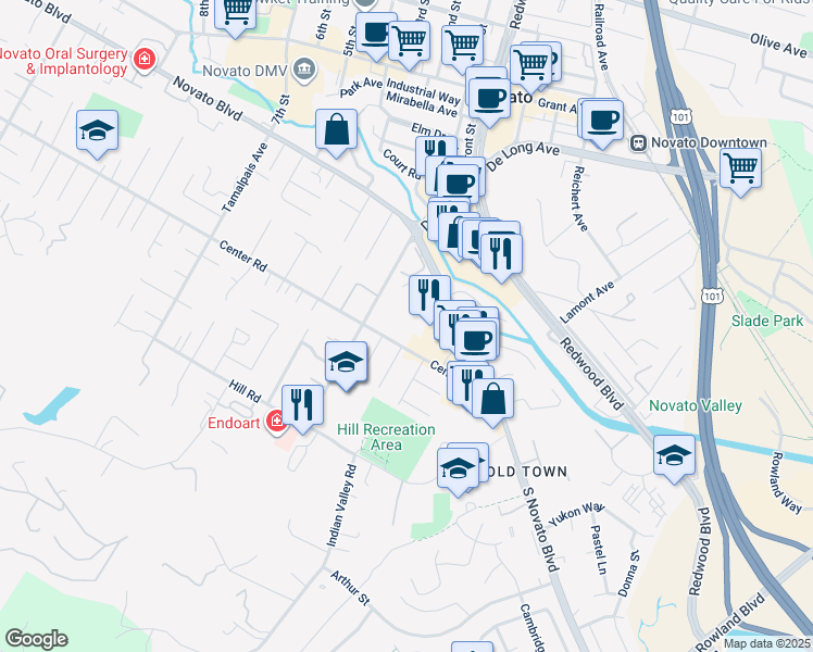 map of restaurants, bars, coffee shops, grocery stores, and more near 1556 Center Road in Novato