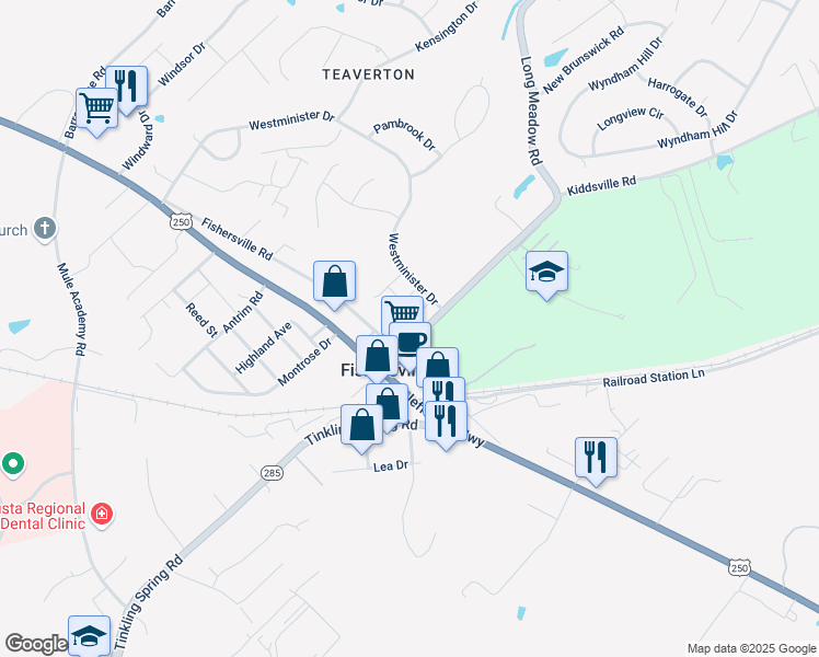 map of restaurants, bars, coffee shops, grocery stores, and more near 12 Sloan Place in Fishersville