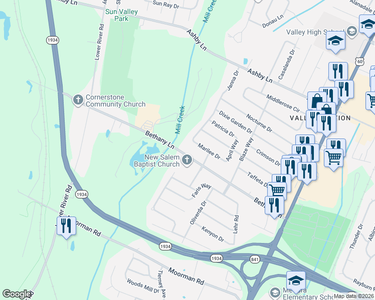map of restaurants, bars, coffee shops, grocery stores, and more near 6413 Bethany Lane in Louisville