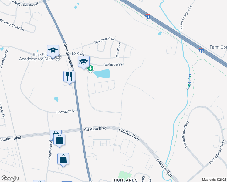 map of restaurants, bars, coffee shops, grocery stores, and more near 1640 Gatton Way in Lexington