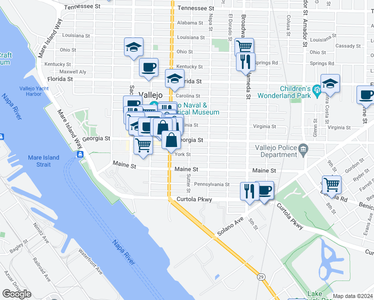 map of restaurants, bars, coffee shops, grocery stores, and more near 607 York Street in Vallejo