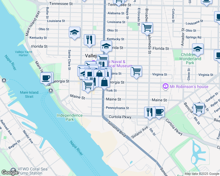 map of restaurants, bars, coffee shops, grocery stores, and more near 511 York Street in Vallejo