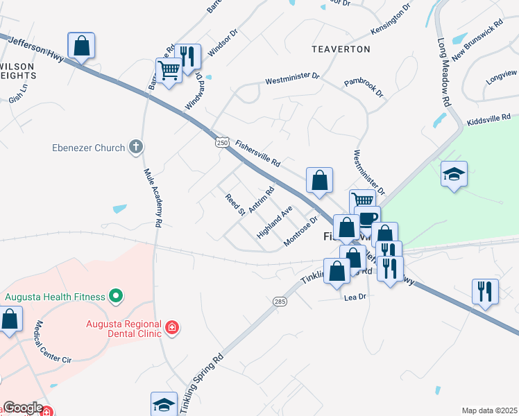 map of restaurants, bars, coffee shops, grocery stores, and more near 44 Antrim Road in Fishersville