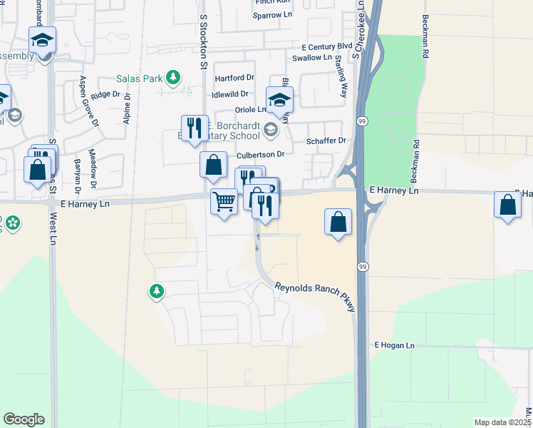map of restaurants, bars, coffee shops, grocery stores, and more near 2620 Reynolds Ranch Parkway in Lodi