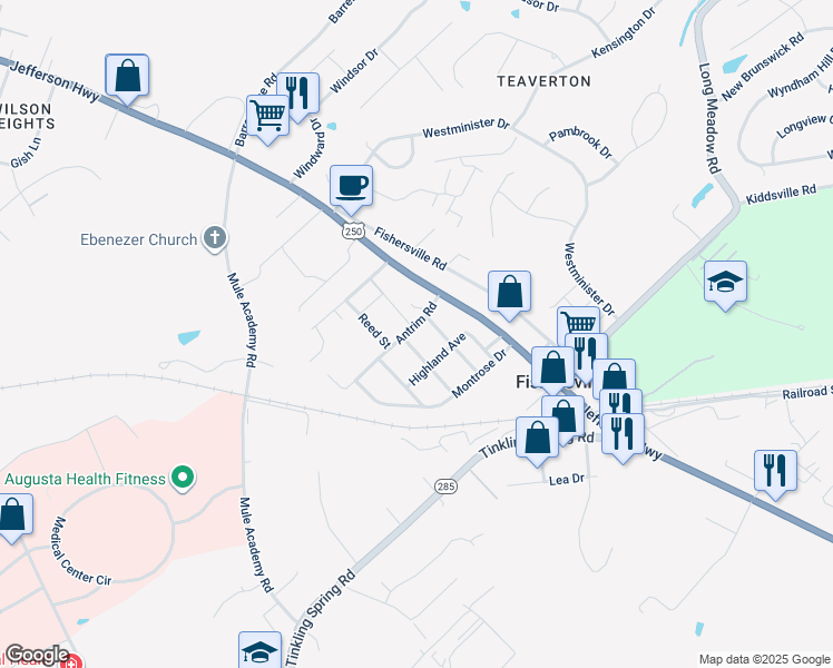 map of restaurants, bars, coffee shops, grocery stores, and more near 40 Antrim Road in Fishersville