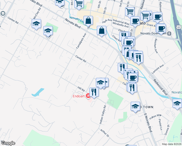 map of restaurants, bars, coffee shops, grocery stores, and more near 734 Bradley Avenue in Novato