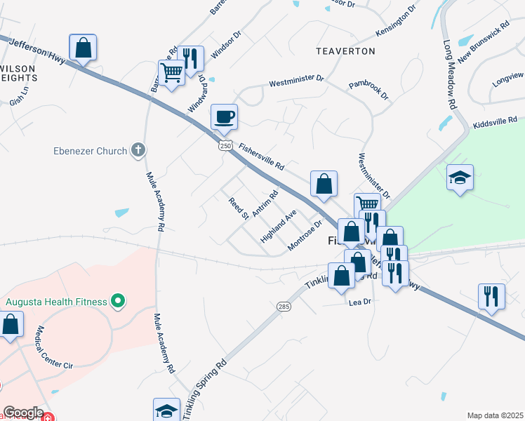 map of restaurants, bars, coffee shops, grocery stores, and more near 44 Antrim Road in Fishersville