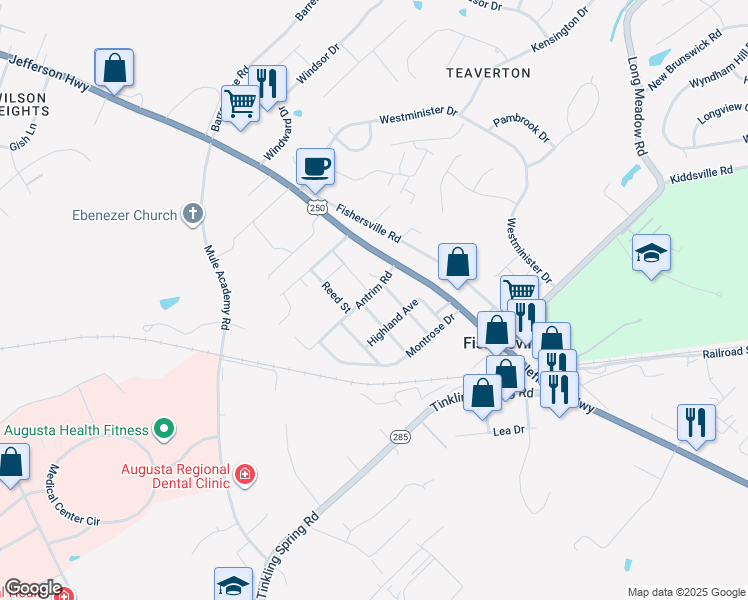 map of restaurants, bars, coffee shops, grocery stores, and more near 40 Antrim Road in Fishersville