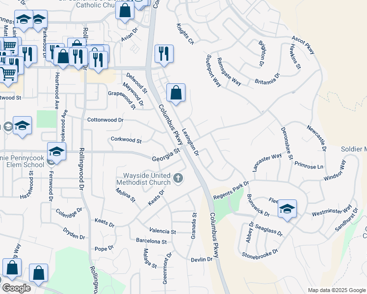 map of restaurants, bars, coffee shops, grocery stores, and more near Columbus Pkwy & Georgia St in Vallejo