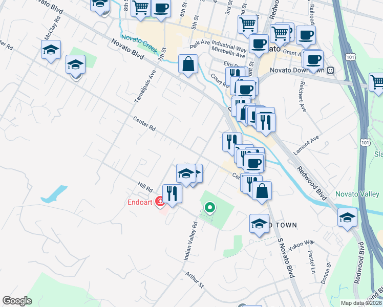 map of restaurants, bars, coffee shops, grocery stores, and more near 1607 Center Road in Novato