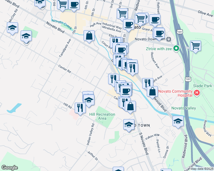 map of restaurants, bars, coffee shops, grocery stores, and more near 1556 Center Road in Novato