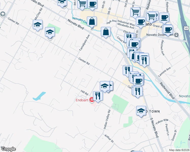 map of restaurants, bars, coffee shops, grocery stores, and more near 734 Bradley Avenue in Novato