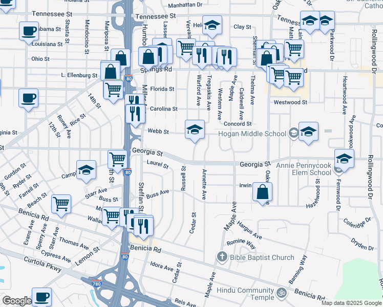 map of restaurants, bars, coffee shops, grocery stores, and more near 815 Cedar Street in Vallejo