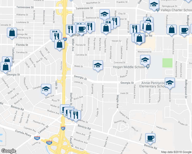 map of restaurants, bars, coffee shops, grocery stores, and more near 815 Cedar Street in Vallejo