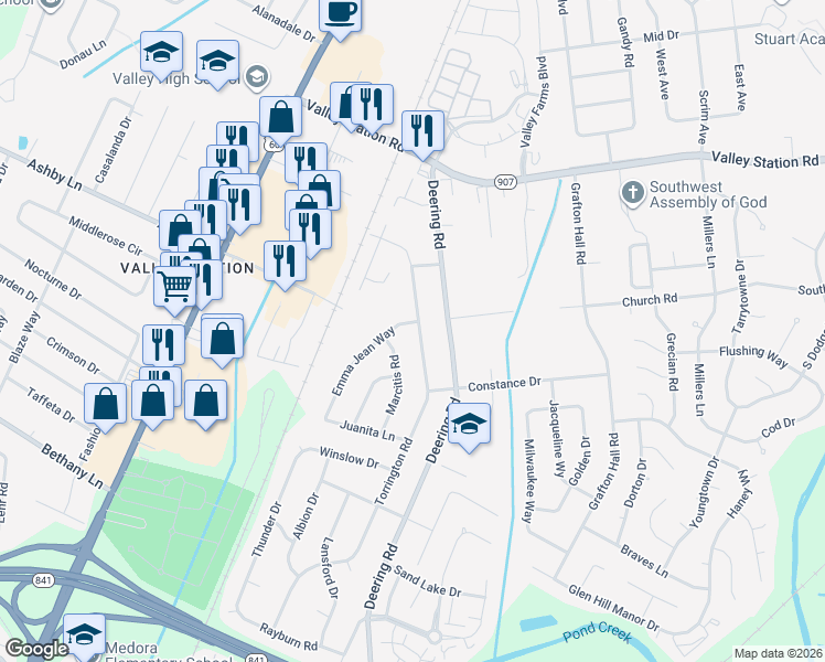 map of restaurants, bars, coffee shops, grocery stores, and more near 10609 Torrington Road in Louisville