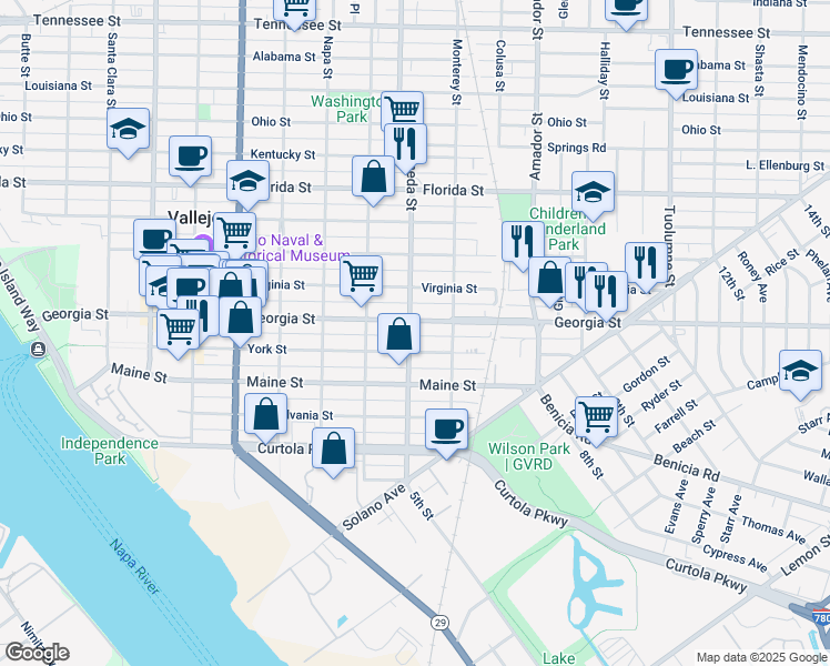 map of restaurants, bars, coffee shops, grocery stores, and more near 847 York Street in Vallejo