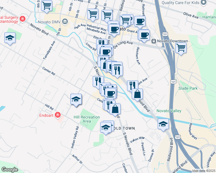 map of restaurants, bars, coffee shops, grocery stores, and more near 1566 South Novato Boulevard in Novato