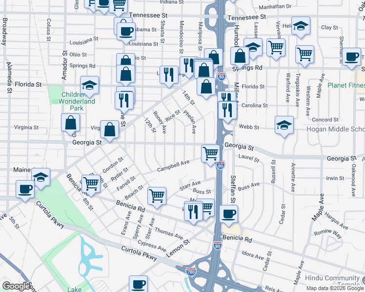 map of restaurants, bars, coffee shops, grocery stores, and more near 2127 Georgia Street in Vallejo
