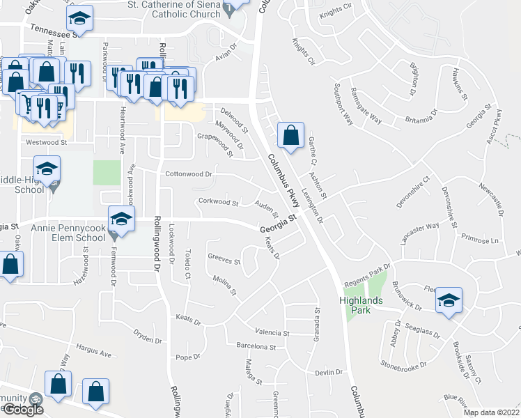 map of restaurants, bars, coffee shops, grocery stores, and more near 4274 Georgia Street in Vallejo