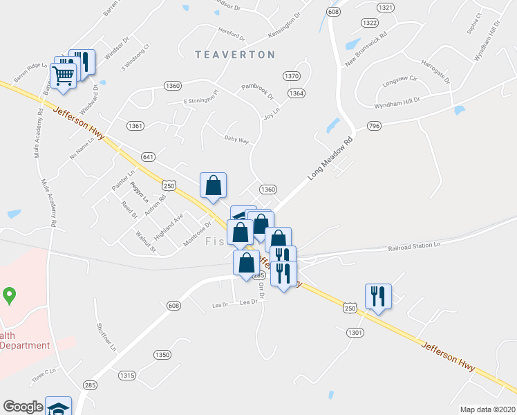 map of restaurants, bars, coffee shops, grocery stores, and more near 5 Sloan Place in Fishersville