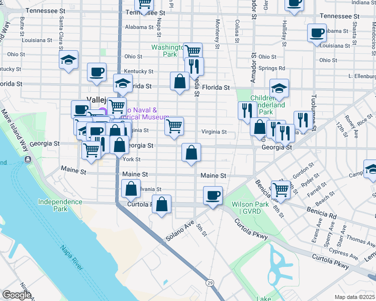 map of restaurants, bars, coffee shops, grocery stores, and more near 847 York Street in Vallejo