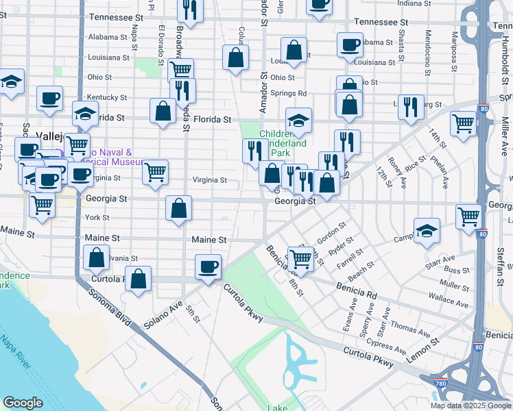 map of restaurants, bars, coffee shops, grocery stores, and more near 1133 Georgia Street in Vallejo
