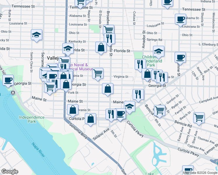 map of restaurants, bars, coffee shops, grocery stores, and more near 847 York Street in Vallejo