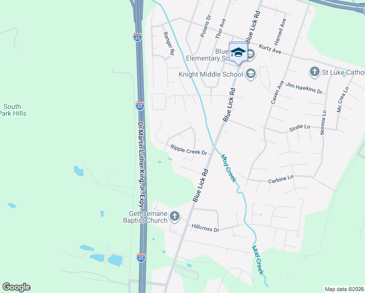 map of restaurants, bars, coffee shops, grocery stores, and more near 3610 Ripple Creek Drive in Louisville