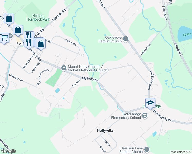map of restaurants, bars, coffee shops, grocery stores, and more near 1010 Mount Holly Road in Louisville