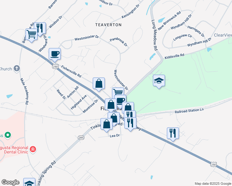 map of restaurants, bars, coffee shops, grocery stores, and more near 14 Gilston Place in Fishersville