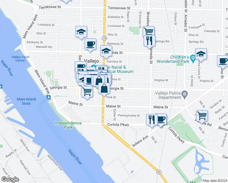 map of restaurants, bars, coffee shops, grocery stores, and more near 721 Sutter Street in Vallejo