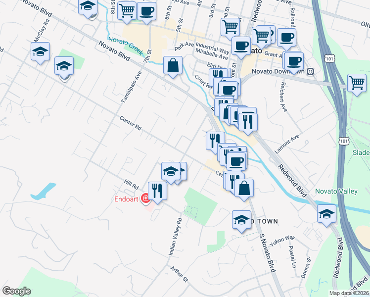 map of restaurants, bars, coffee shops, grocery stores, and more near 805 Diablo Avenue in Novato