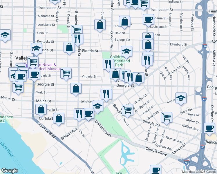 map of restaurants, bars, coffee shops, grocery stores, and more near 1133 Georgia Street in Vallejo